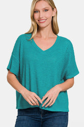 Zenana Women's Trendy Drop Shoulder Jacquard Knit Top - Short Sleeve Casual Blouse